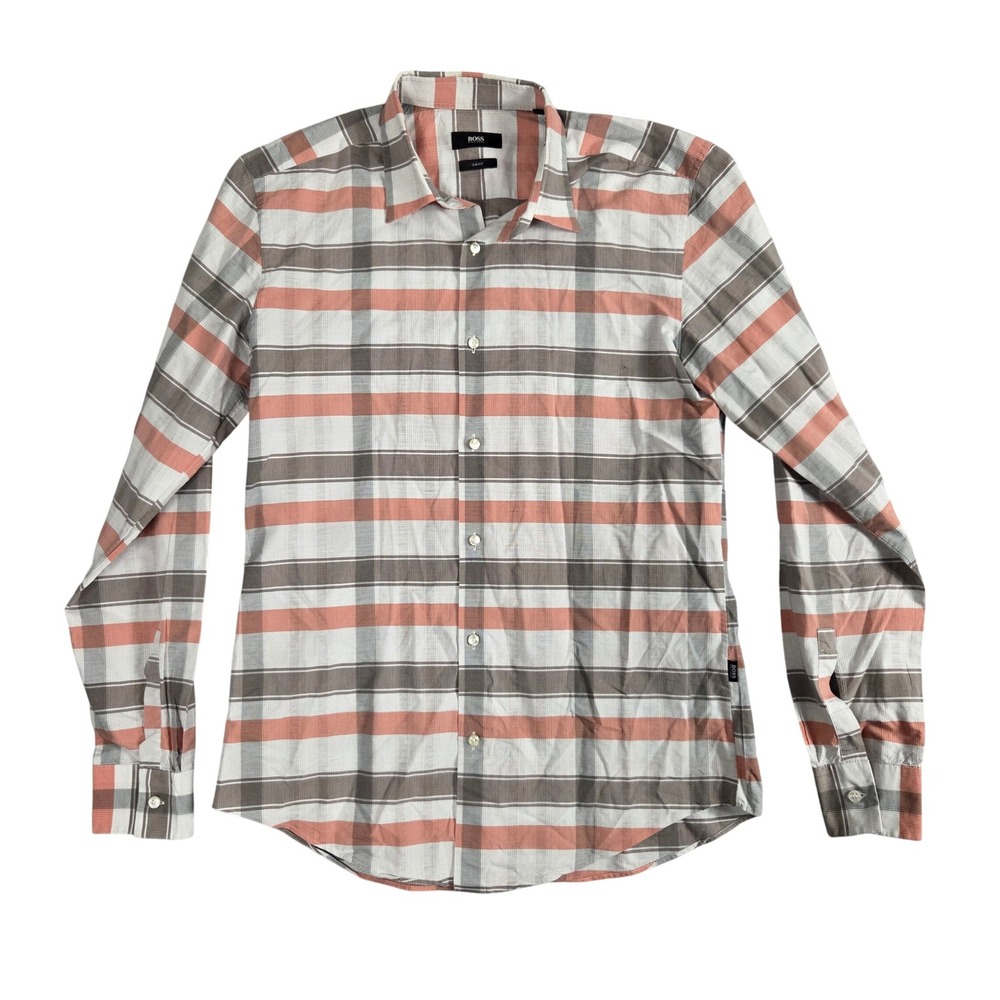 BOSS Hugo Boss Button Down Mens M Pink Brown Excellent Slim Fit Striped Shirt